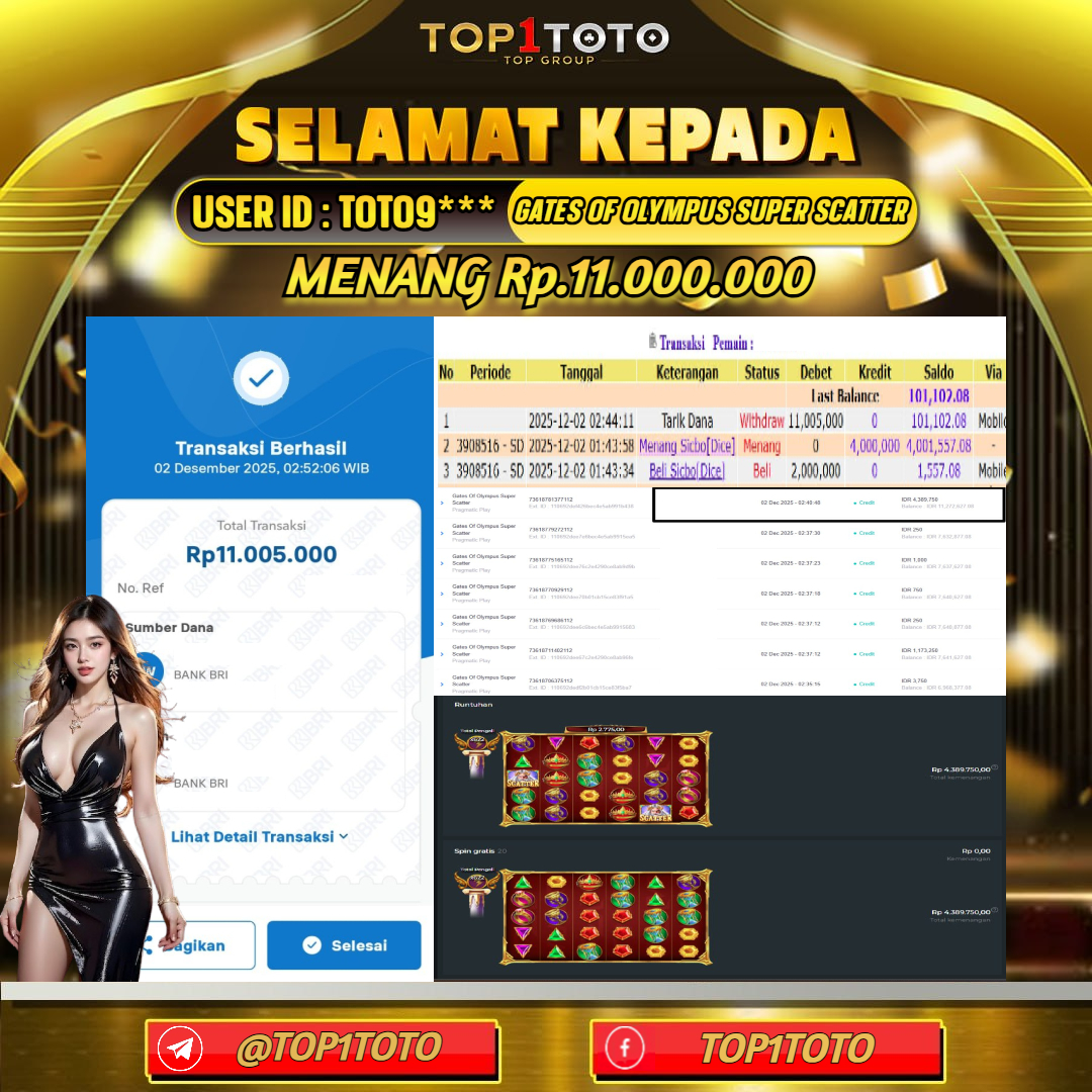 TOP1TOTO JACKPOT SLOT GATES OF OLYMPUS SUPER SCATTER Rp.11.000.000  - LUNAS USER ID : TOTO9***