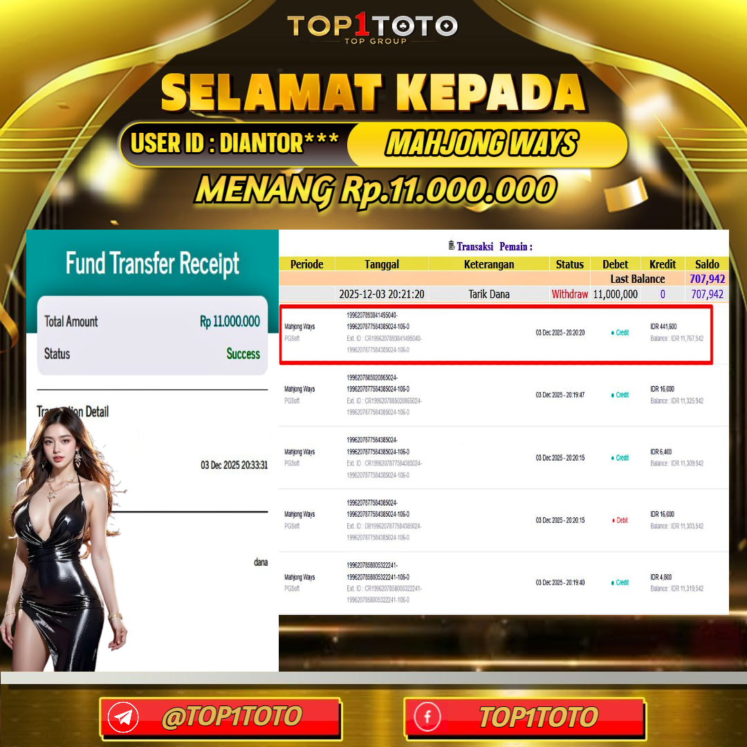 TOP1TOTO JACKPOT SLOT MAHJONG WAYS Rp.11.000.000 - LUNAS USER ID : DIANTOR***