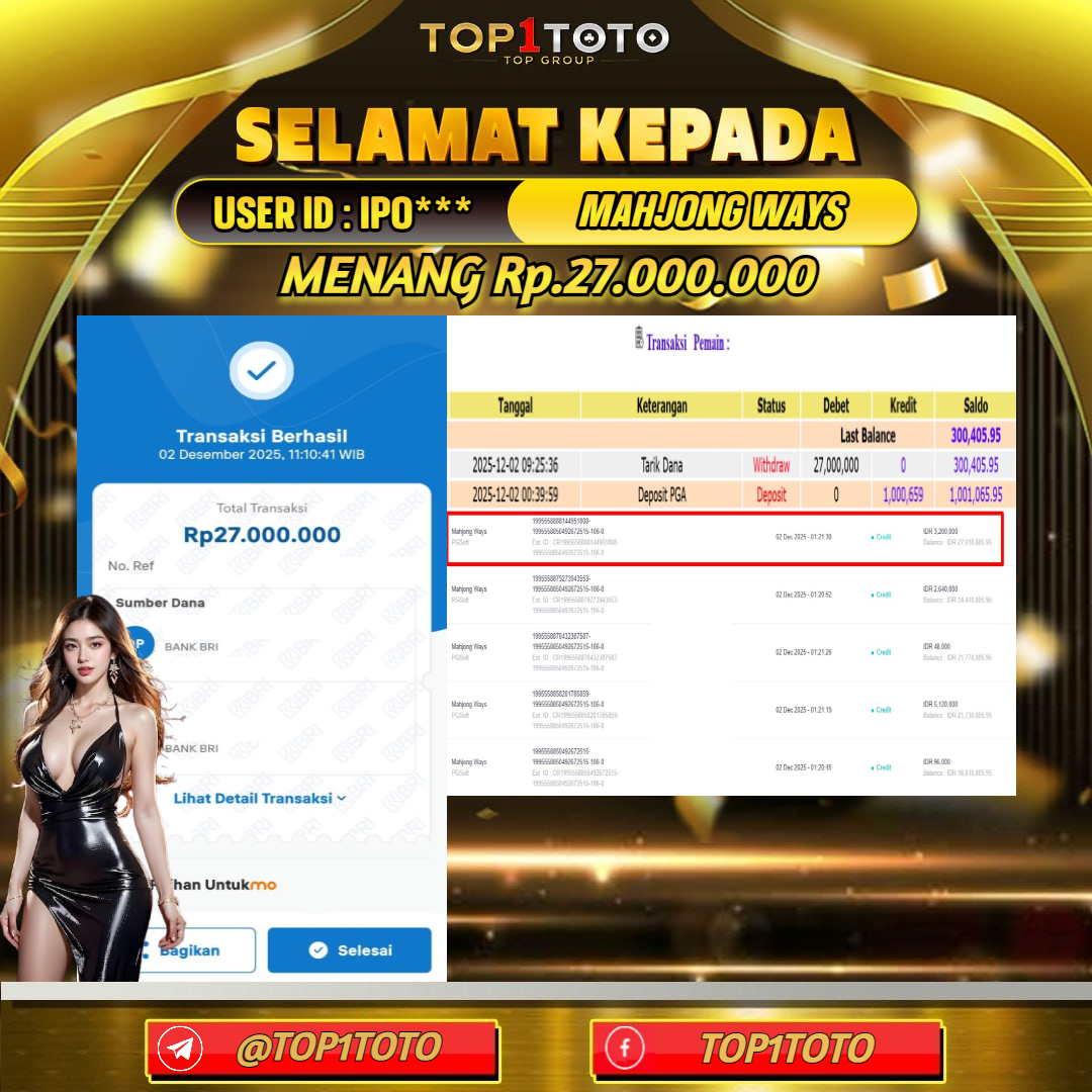 TOP1TOTO JACKPOT SLOT MAHJONG WAYS Rp.27.000.000  - LUNAS USER ID : IPO***